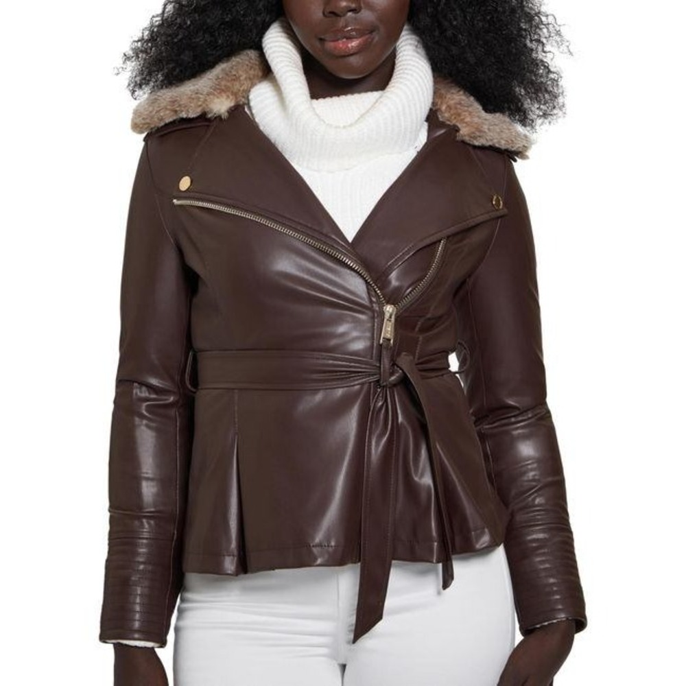 NWT GUESS Tulip Peplum Zip Faux Fur Leather Jacket Dark‎ Coffee - Size Large